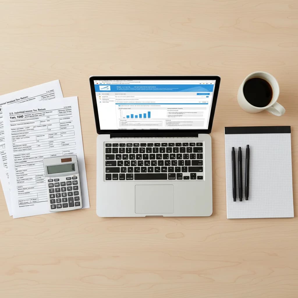 Desk with laptop and tax documents